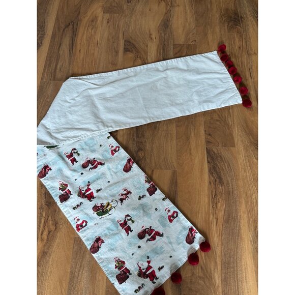 Vintage-Inspired Santa Claus Christmas Table Runner With Red Pom-Pom Trim 68" - Picture 6 of 7